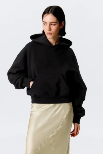 Boxy-Kapuzenpullover aus Baumwollfleece – Schwarz