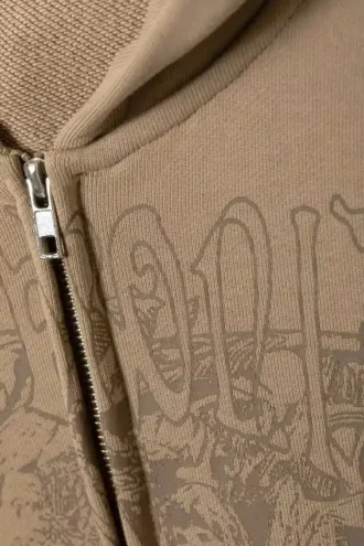 Boxy-Kapuzenpullover mit Reißverschluss und Aufdruck – Dunkelbeige