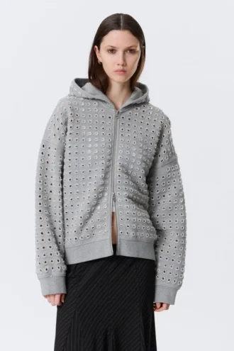 Boxy-Kapuzenpullover mit Reißverschluss und Lasercut – Grau meliert