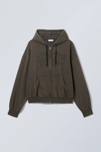 Boxy-Kapuzenpullover mit Reißverschluss und Stickerei – Dunkelgrau