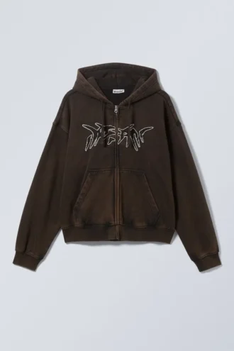 Boxy-Kapuzenpullover mit Reißverschluss und Stickerei – gewaschenes Dunkelbraun – Dream