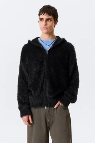 Boxy Knitted Hairy Zip Kapuzenpullover – Schwarz