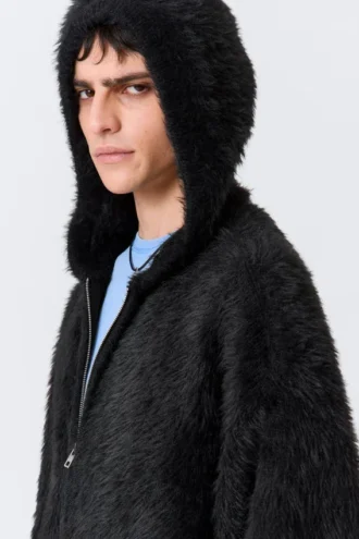 Boxy Knitted Hairy Zip Kapuzenpullover – Schwarz