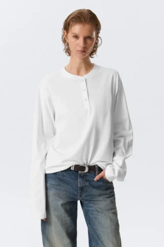 Boxy Langarm-Henley-T-Shirt – Weiß