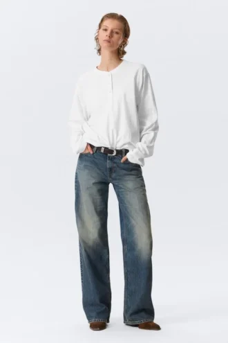 Boxy Langarm-Henley-T-Shirt – Weiß