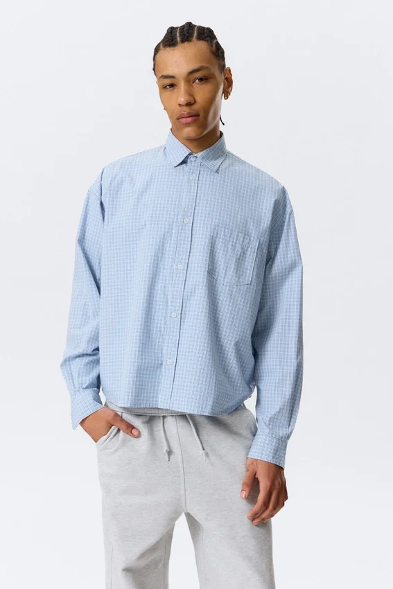 Boxy-Langarmhemd aus Baumwollpopeline – Blau kariert Boxy-Langarmhemd aus Baumwollpopeline – Blau kariert