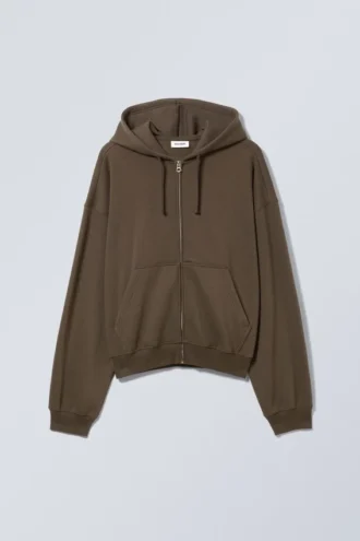 Boxy Midweight Zip Kapuzenpullover – Dunkelbraun