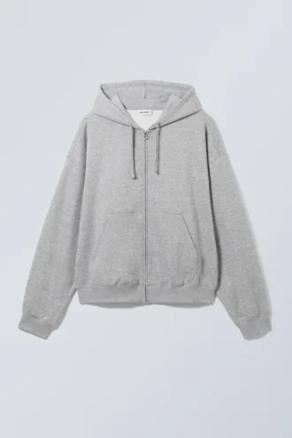 Boxy Midweight Zip Kapuzenpullover – Hellgrau meliert
