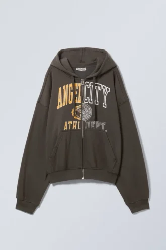 Boxy Mit Print Zip Kapuzenpullover – Dunkelgrau – Angel City