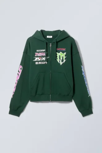 Boxy Mit Print Zip Kapuzenpullover – Mehrfarbig bedruckt, dunkelgrün