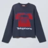Boxy Pullover mit Print aus Knitted Cotton – Dunkelblau – Telefon Boxy Pullover mit Print aus Knitted Cotton – Dunkelblau – Telefon