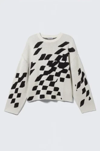 Boxy-Pullover mit Print – Dirty White – Karomuster