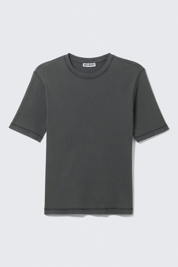Boxy Slim Fit Rippstrick-T-Shirt – Washed Dark Mole Boxy Slim Fit Rippstrick-T-Shirt – Washed Dark Mole