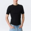 Boxy Slim Fit T-Shirt mit Rippstrick – Schwarz Boxy Slim Fit T-Shirt mit Rippstrick – Schwarz