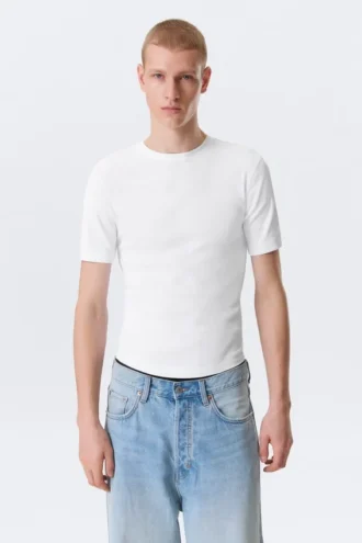 Boxy Slim Fit T-Shirt mit Rippstrick – Weiß
