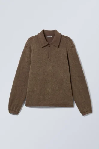 Boxy-Sweatshirt aus Fleece mit halbem Reißverschluss – gewaschen, dunkelbraun