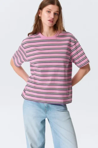 Boxy-T-Shirt aus Baumwolle – gestreift in Rosa