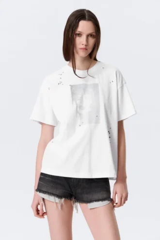 Boxy T-Shirt mit Nieten und Print – Weiß – Gothic-Gesichtsprint