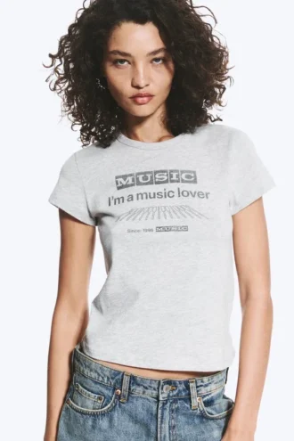 Boxy-T-Shirt mit Print und kurzen Ärmeln – Grau meliert