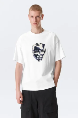Boxy T-Shirt mit Print – Weiß – Robo Silver Face