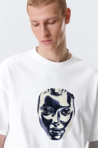 Boxy T-Shirt mit Print – Weiß – Robo Silver Face