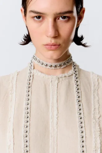 Choker-Halskette aus Leinenmischung mit Nieten – Beige