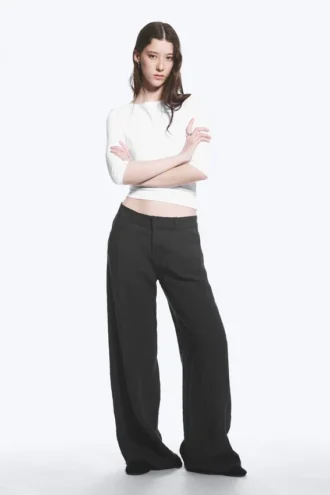 Crinkle-Hose mit niedriger Taille und lockerer Passform – Dunkelgrau