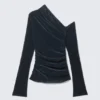 Drapiertes, asymmetrisches Oberteil aus Samt-Mesh – Dunkelblau Drapiertes, asymmetrisches Oberteil aus Samt-Mesh – Dunkelblau