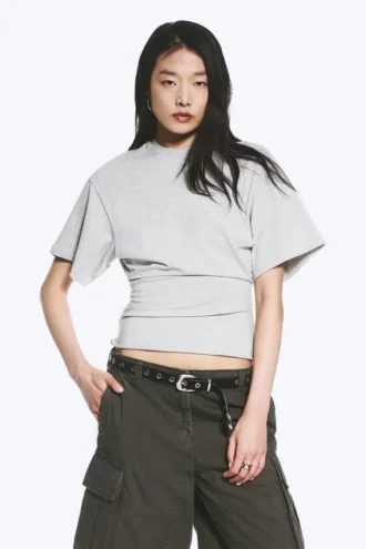 Drapiertes, figurbetontes T-Shirt – Grau meliert