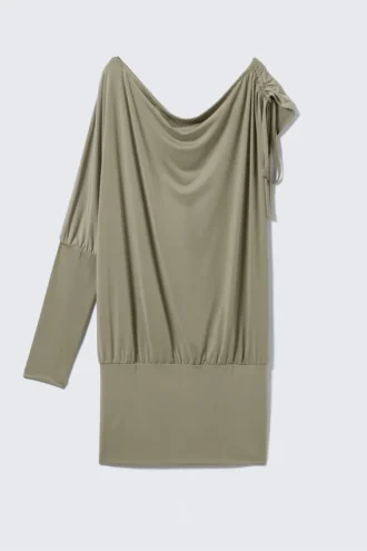 Drapiertes Jersey-Kleid mit einem Ärmel – Khaki-Grün