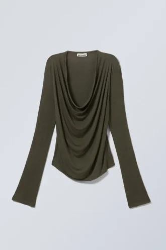 Drapiertes Langarmshirt – Dunkelkhaki-Grün