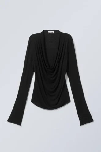 Drapiertes Langarmshirt – Schwarz