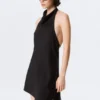 Drapiertes Midi-Kleid mit Neckholder-Ausschnitt und drapiertem Wasserfallkragen – Schwarz Drapiertes Midi-Kleid mit Neckholder-Ausschnitt und drapiertem Wasserfallkragen – Schwarz