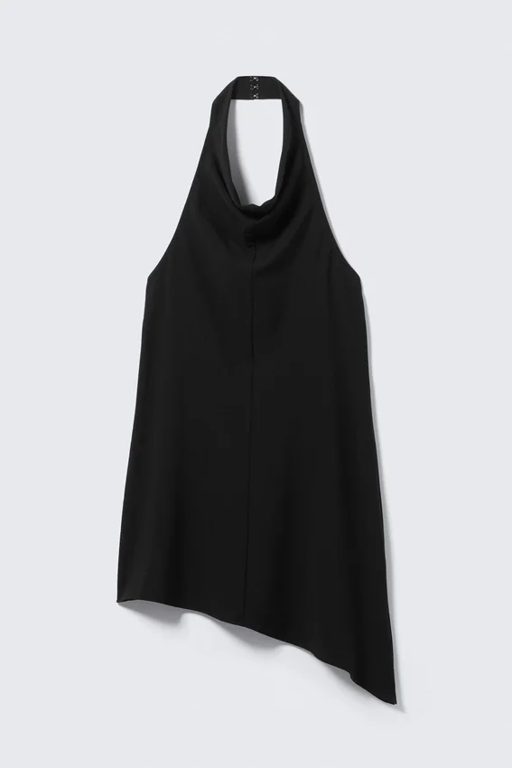 Drapiertes Midi-Kleid mit Neckholder-Ausschnitt und drapiertem Wasserfallkragen – Schwarz Drapiertes Midi-Kleid mit Neckholder-Ausschnitt und drapiertem Wasserfallkragen – Schwarz