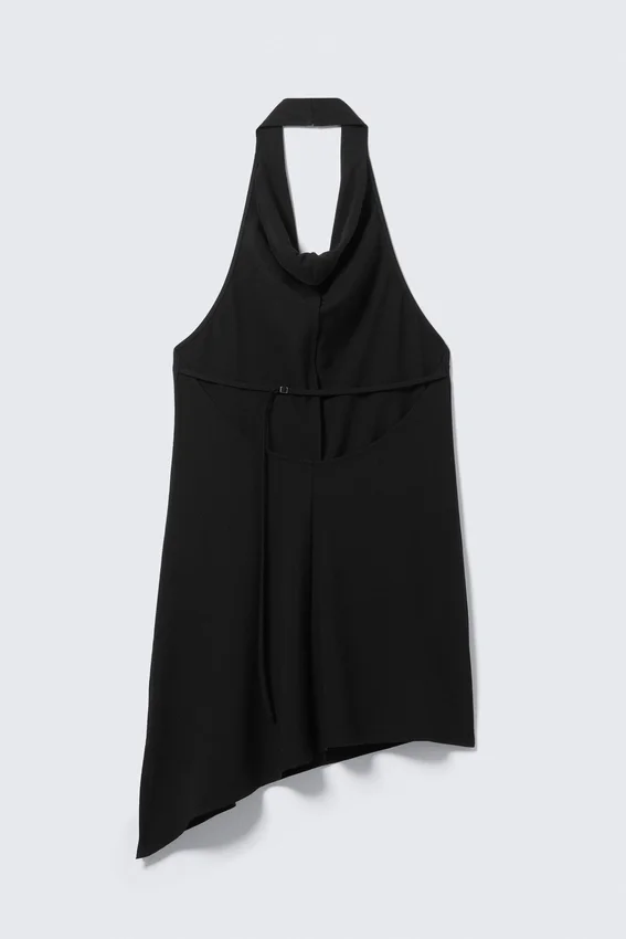 Drapiertes Midi-Kleid mit Neckholder-Ausschnitt und drapiertem Wasserfallkragen – Schwarz Drapiertes Midi-Kleid mit Neckholder-Ausschnitt und drapiertem Wasserfallkragen – Schwarz