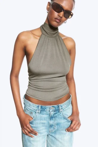 Drapiertes Neckholder-Oberteil – Dusty Mole