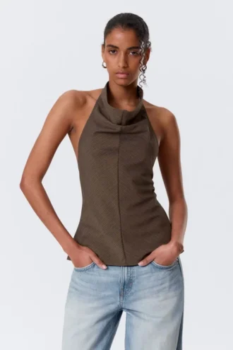 Drapiertes Neckholder-Top mit Wasserfallausschnitt – Braun gestreift