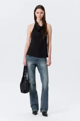 Drapiertes Neckholder-Top mit Wasserfallausschnitt – Schwarz