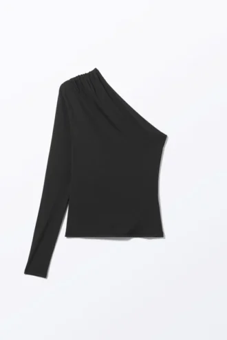 Drapiertes One-Shoulder-Top aus Nylon – Schwarz
