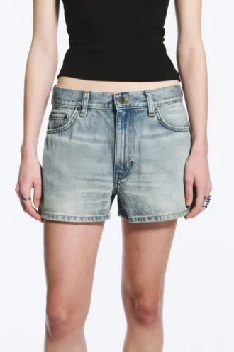 Duchess Low Rise Distressed Mini-Jeansshorts – Port Blue – Hellblau