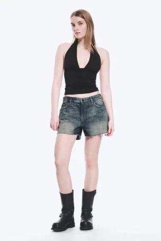Duchess Mini-Jeans-Shorts mit niedriger Leibhöhe und Distressed-Look – Baltisches Blau – Dunkelblau