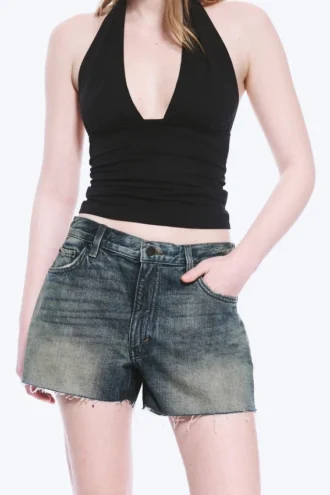 Duchess Mini-Jeans-Shorts mit niedriger Leibhöhe und Distressed-Look – Baltisches Blau – Dunkelblau