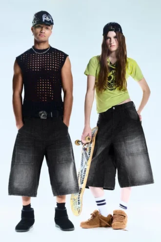 Dunno Unisex Loose Fit Carpenter Jorts – Black Web – Schwarz | Cheap Monday GB