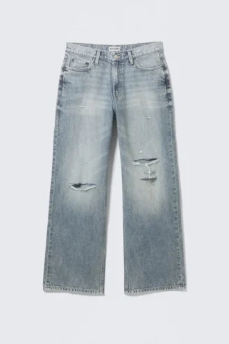 Dynasty Low Rise Loose Wide Leg Jeans – Torn Blue – Medium Blue