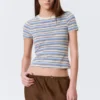 Enges Mini-T-Shirt – Blau/Rosa mit mehrfarbigen Streifen