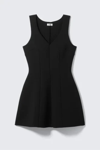 Fit-and-Flare-Kleid aus Scuba-Stoff mit V-Ausschnitt – Schwarz