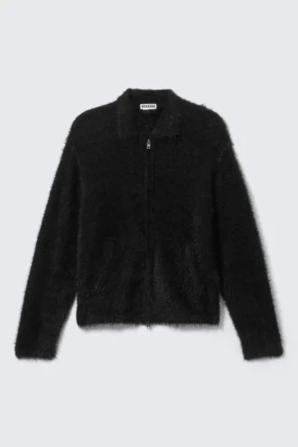 Flauschige Strickjacke mit Reißverschluss – Schwarz