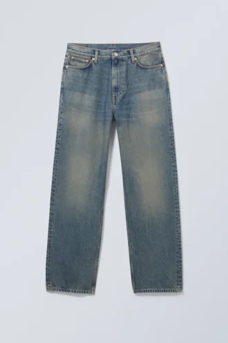 Galaxy Mid Rise Loose Straight Jeans – Stahlblau – Mittelblau