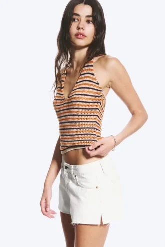 Gehäkeltes Neckholder-Top – gestreift, orange