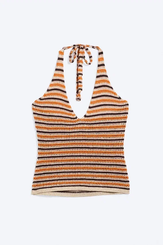 Gehäkeltes Neckholder-Top – gestreift, orange Gehäkeltes Neckholder-Top – gestreift, orange